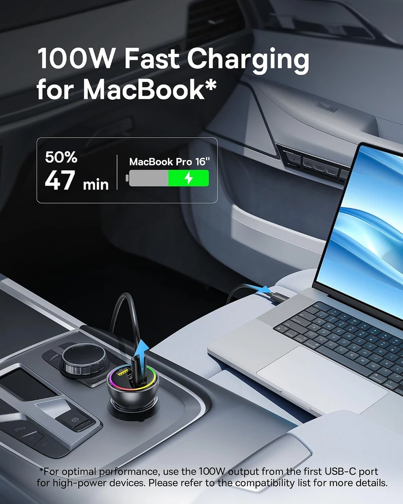Baseus automobilinis įkroviklis 152.5 W su 2 USB-C, USB-A, RGB ir 100 W USB-C laidu BSCC-ZX-CCL