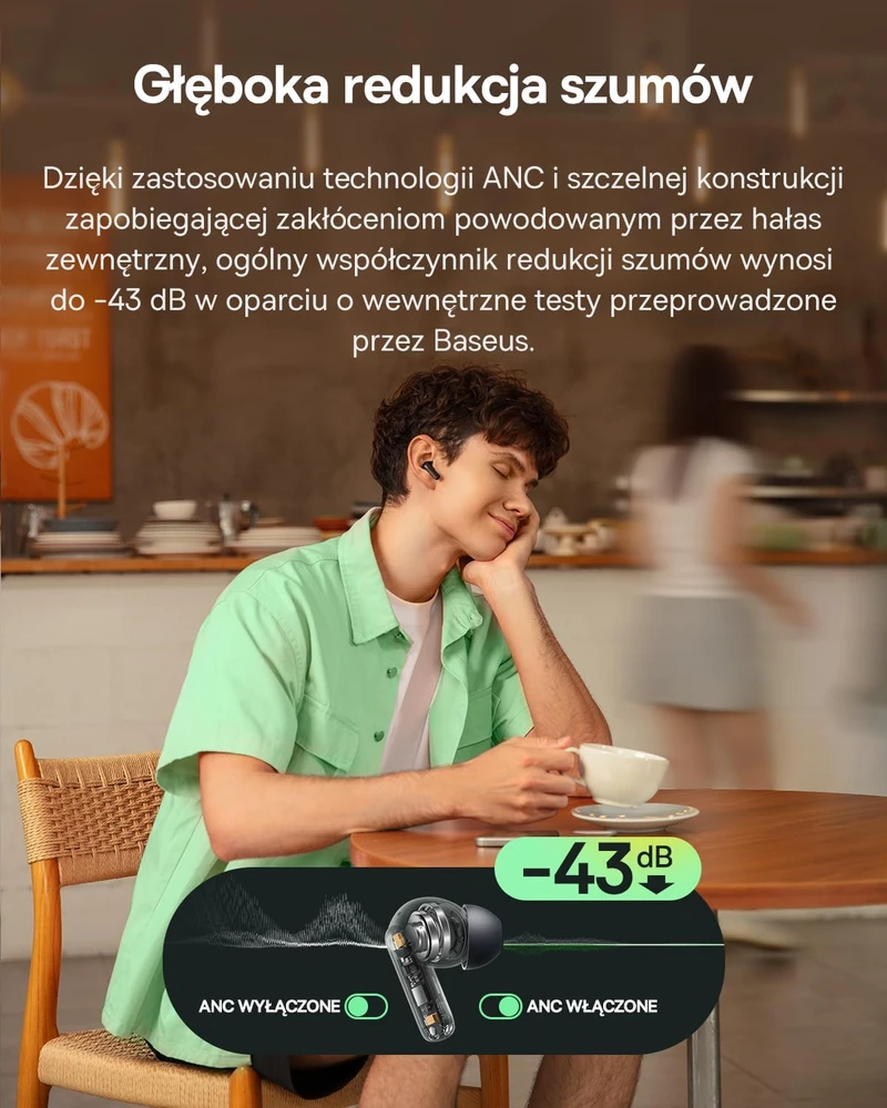 Baseus belaidės į ausis įdedamos Bluetooth ausinės su ANC, 4 mikrofonais ir IP55 A00107