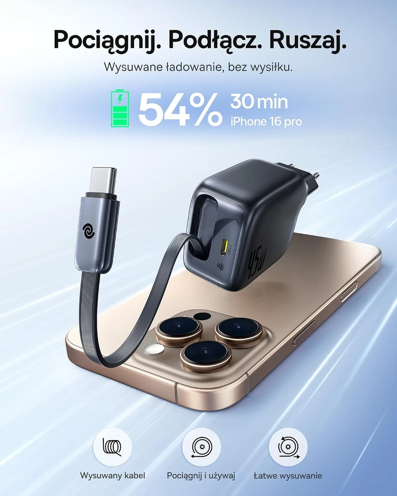 Baseus Enercore USB-C įkroviklis 45 W su ištraukiamu 80 cm USB-C laidu