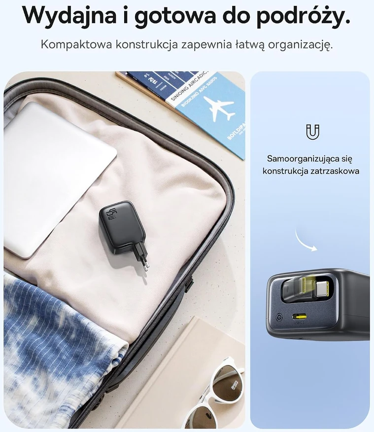 Baseus Enercore USB-C įkroviklis 45 W su ištraukiamu 80 cm USB-C laidu