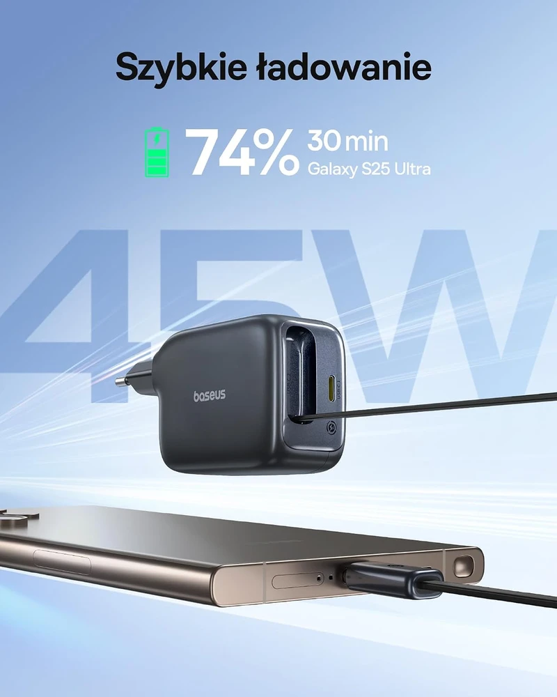 Baseus Enercore USB-C įkroviklis 45 W su ištraukiamu 80 cm USB-C laidu