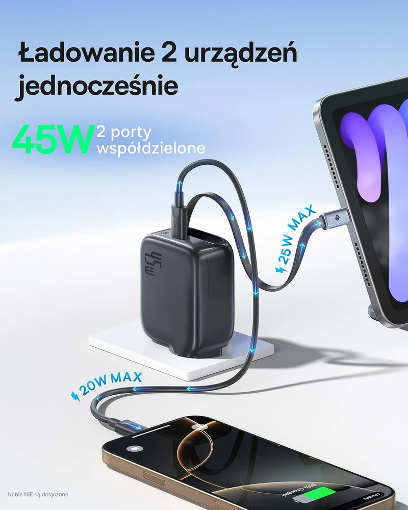 Baseus Enercore USB-C įkroviklis 45 W su ištraukiamu 80 cm USB-C laidu