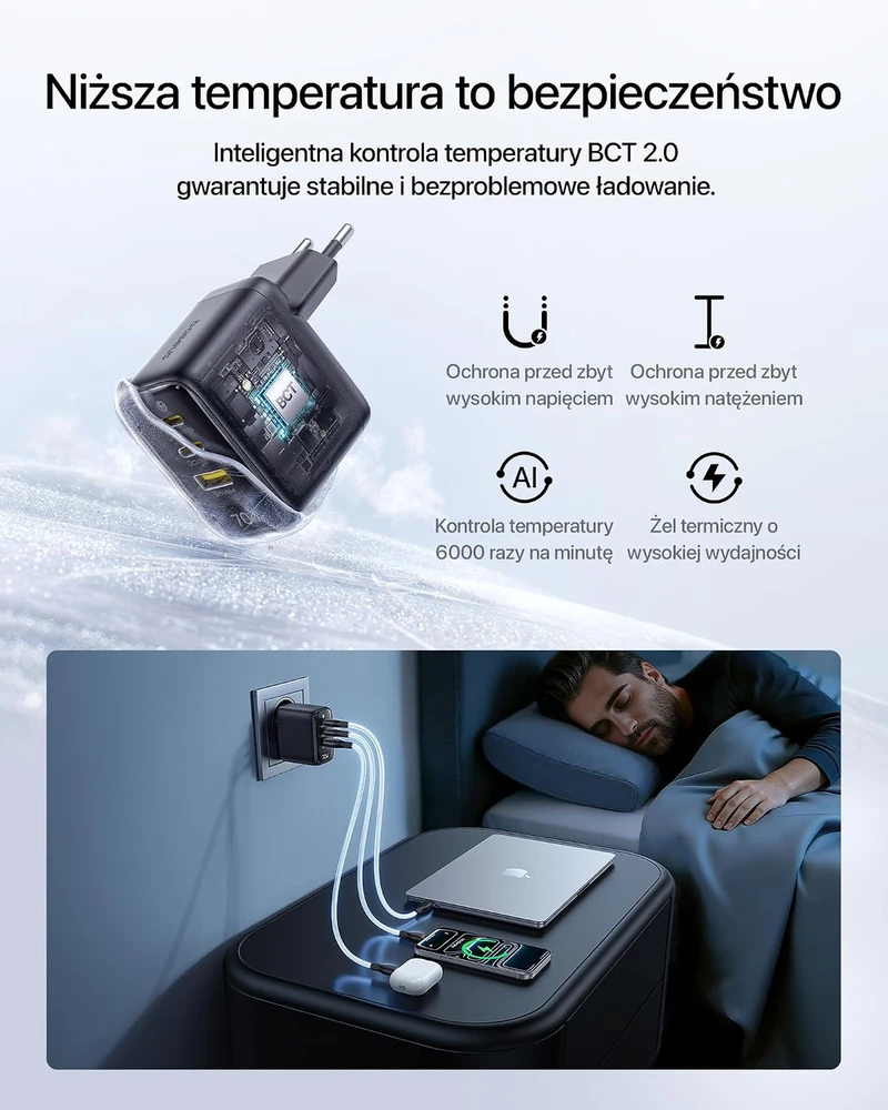 Baseus Enerfill USB-C tinklo įkroviklis 70 W, 3 prievadų, su GaN6 technologija