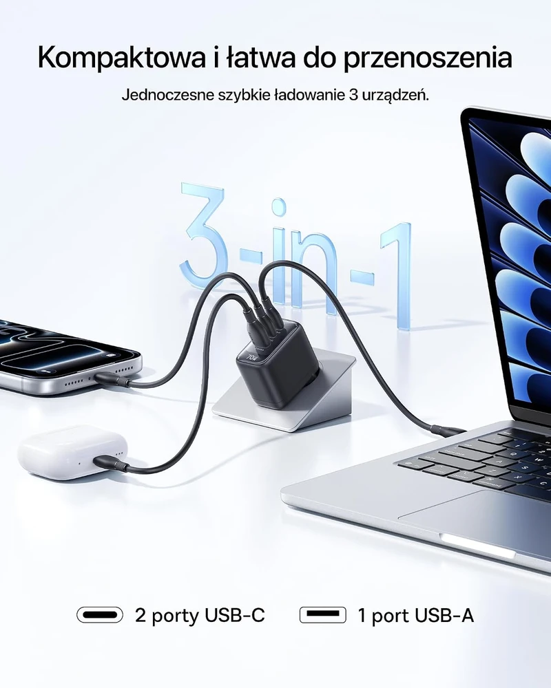 Baseus Enerfill USB-C tinklo įkroviklis 70 W, 3 prievadų, su GaN6 technologija