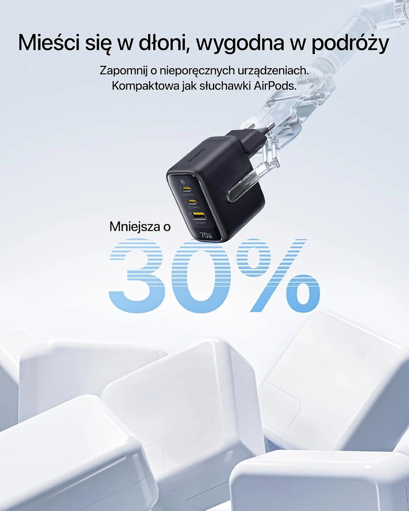 Baseus Enerfill USB-C tinklo įkroviklis 70 W, 3 prievadų, su GaN6 technologija