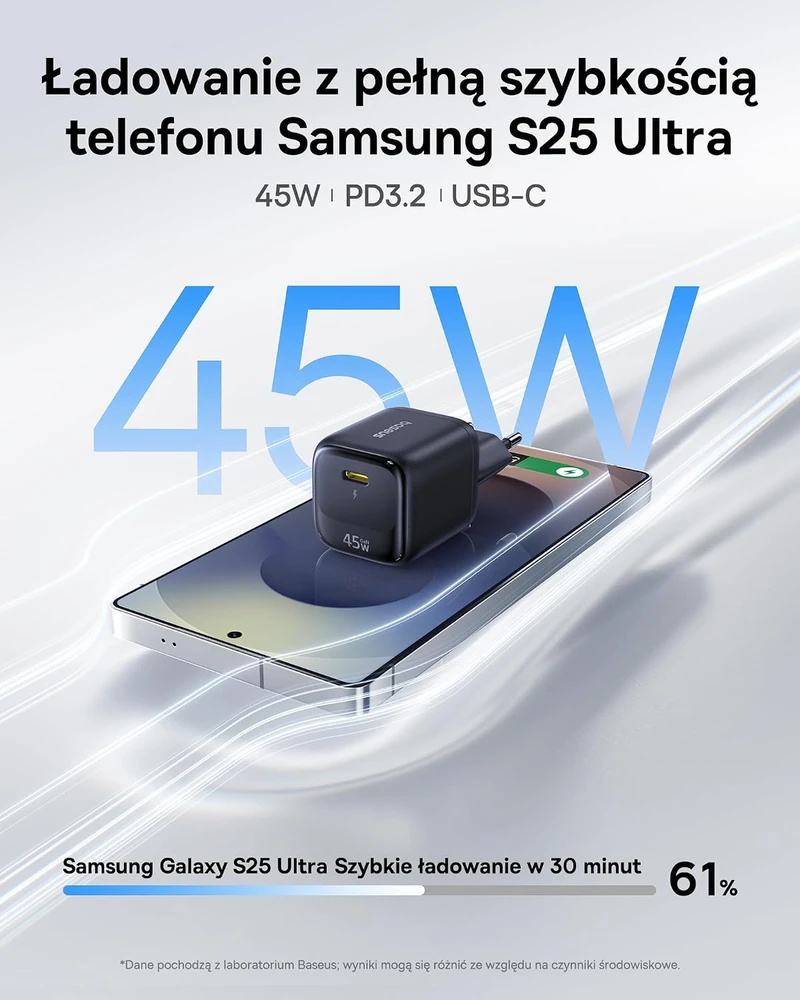 Baseus GaN USB-C tinklo įkroviklis 45 W su 1 m USB-C laidu, PD ir PPS
