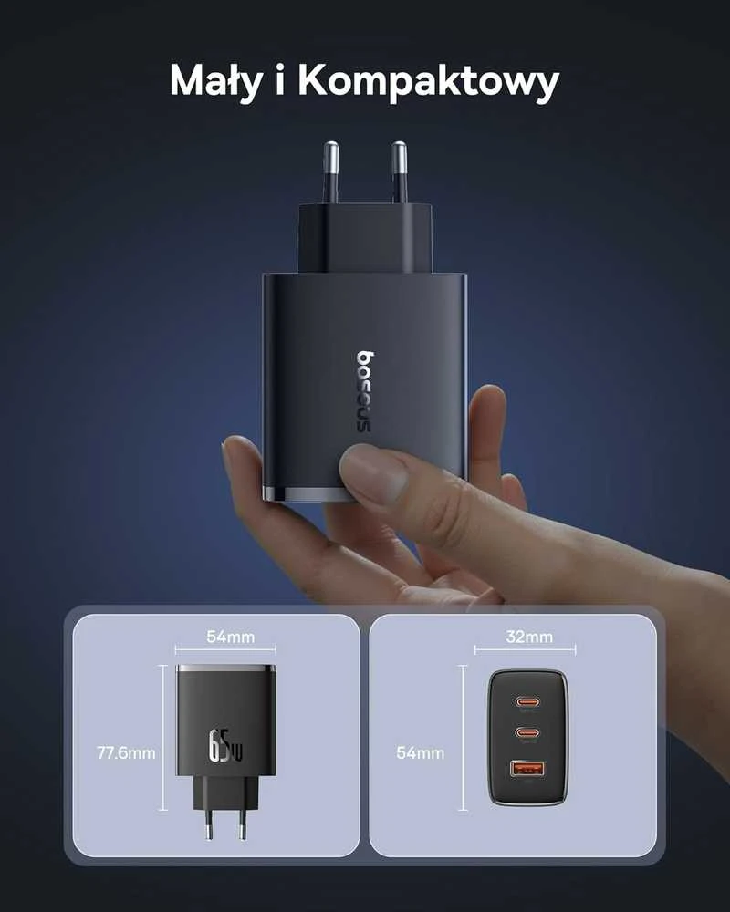 Sieninis įkroviklis Baseus OS-Cube Pro 2xUSB-C + USB, 65W (baltas)