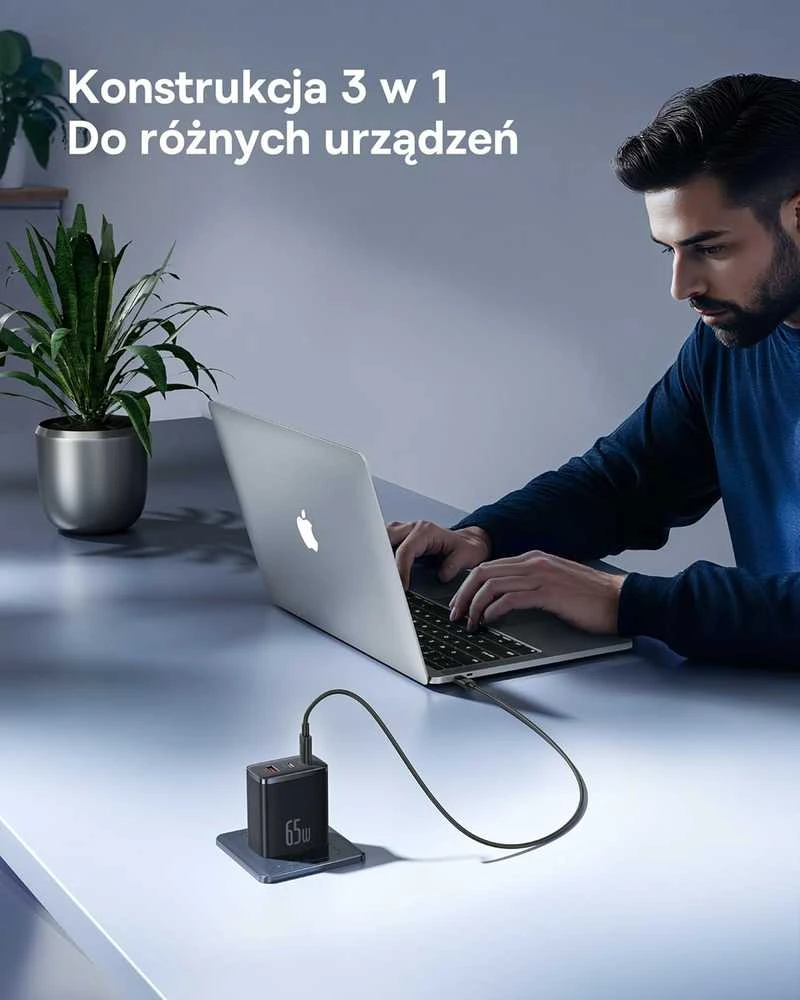 Sieninis įkroviklis Baseus OS-Cube Pro 2xUSB-C + USB, 65W (baltas)