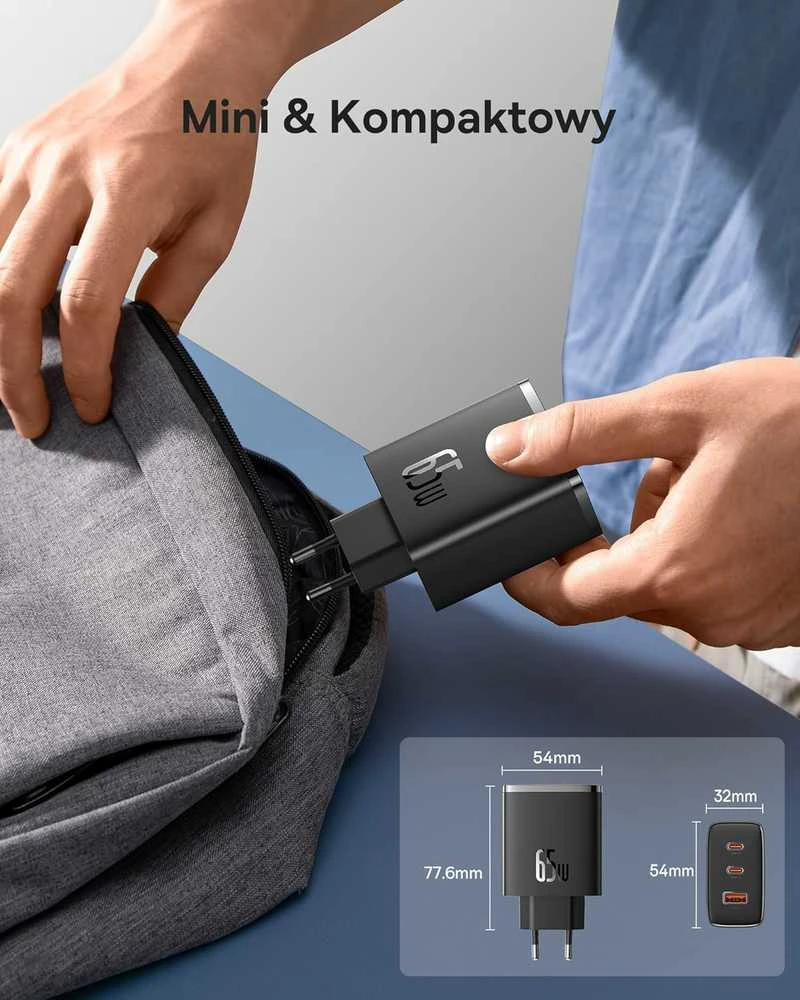 Sieninis įkroviklis Baseus OS-Cube Pro 2xUSB-C + USB, 65W (baltas)