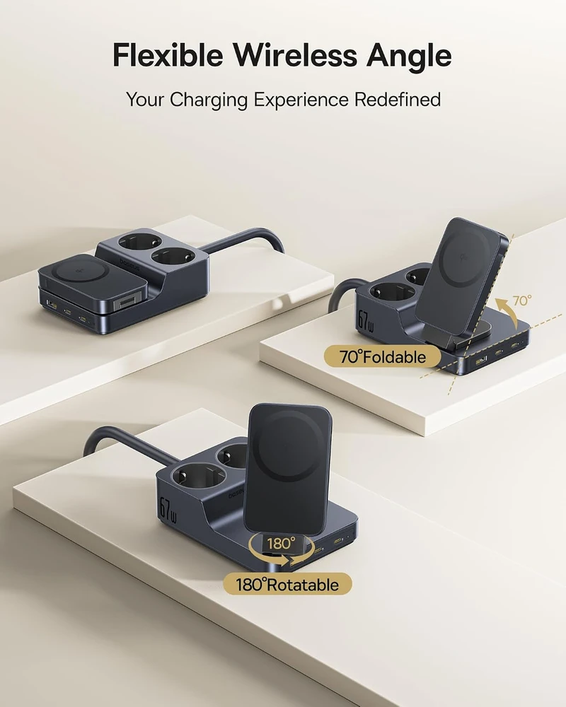 Baseus įkrovimo stotelė su 2 AC lizdais, 67 W USB-C ir Qi2 15 W belaidžiu įkrovimu