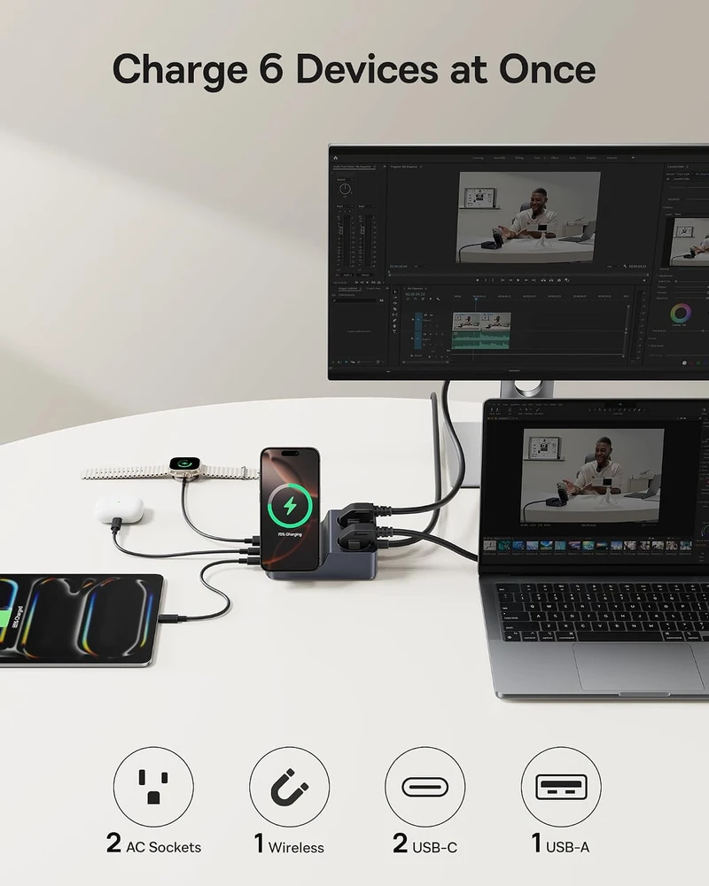 Baseus įkrovimo stotelė su 2 AC lizdais, 67 W USB-C ir Qi2 15 W belaidžiu įkrovimu