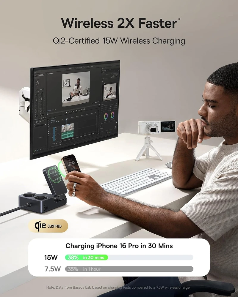 Baseus įkrovimo stotelė su 2 AC lizdais, 67 W USB-C ir Qi2 15 W belaidžiu įkrovimu
