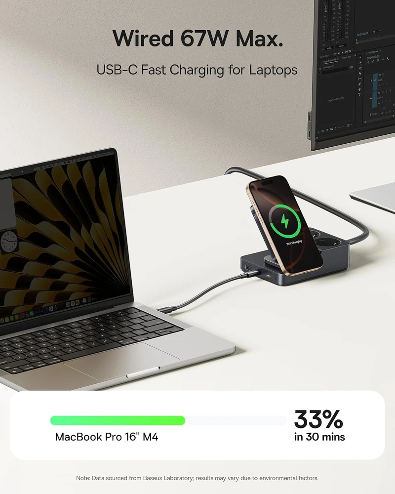 Baseus įkrovimo stotelė su 2 AC lizdais, 67 W USB-C ir Qi2 15 W belaidžiu įkrovimu
