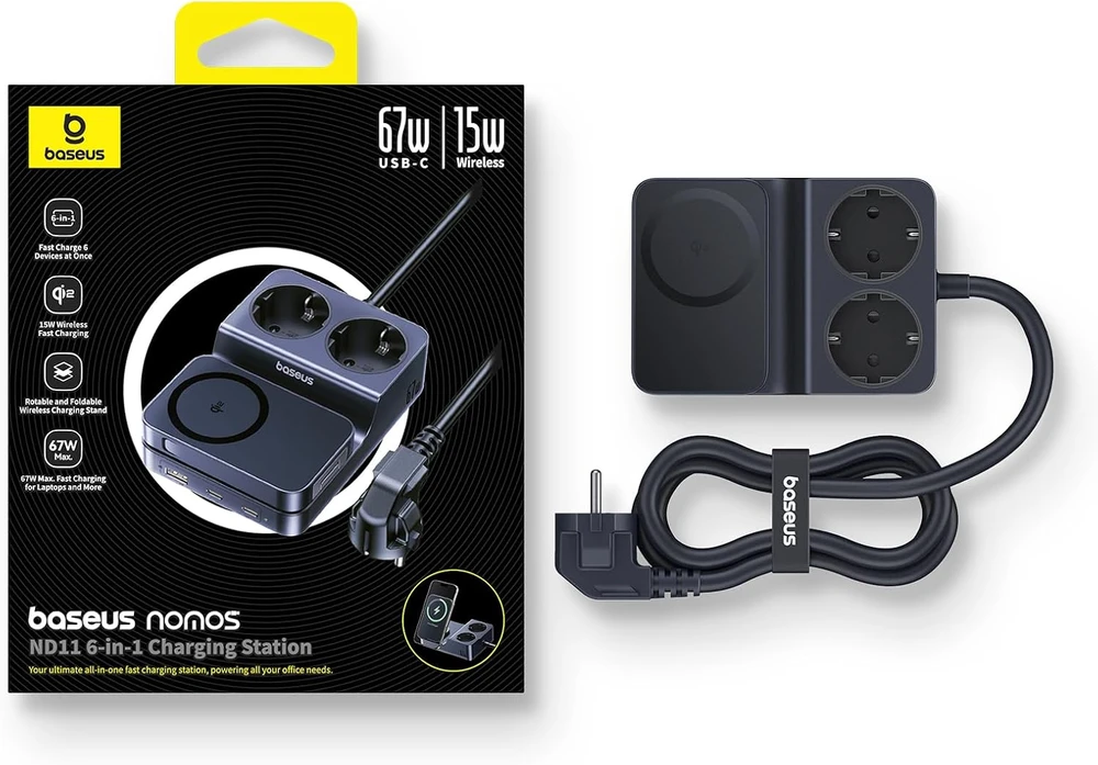 Baseus įkrovimo stotelė su 2 AC lizdais, 67 W USB-C ir Qi2 15 W belaidžiu įkrovimu