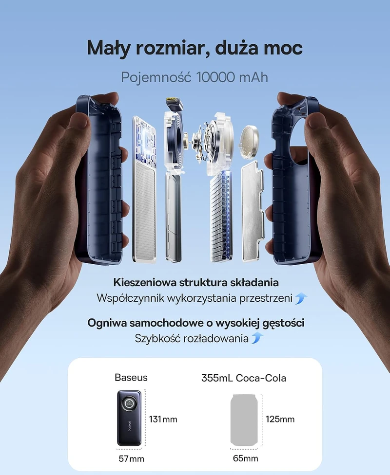 Baseus išorinė baterija 10000 mAh 45 W su įtraukiamu 60 cm USB-C laidu EnerCore CR11