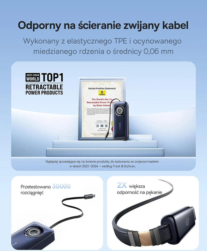 Baseus išorinė baterija 10000 mAh 45 W su įtraukiamu 60 cm USB-C laidu EnerCore CR11