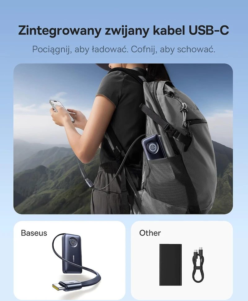 Baseus išorinė baterija 10000 mAh 45 W su įtraukiamu 60 cm USB-C laidu EnerCore CR11