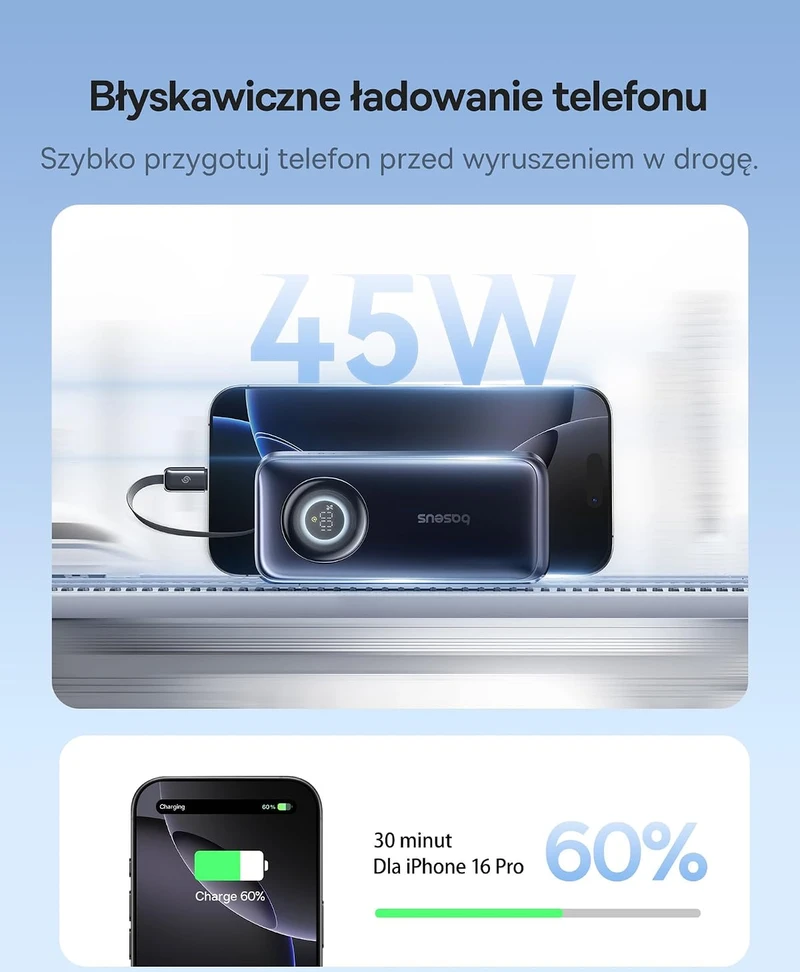 Baseus išorinė baterija 10000 mAh 45 W su įtraukiamu 60 cm USB-C laidu EnerCore CR11