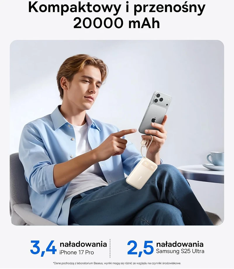 Baseus išorinė baterija 20000 mAh 45 W su dviem integruotais USB-C laidais E00311