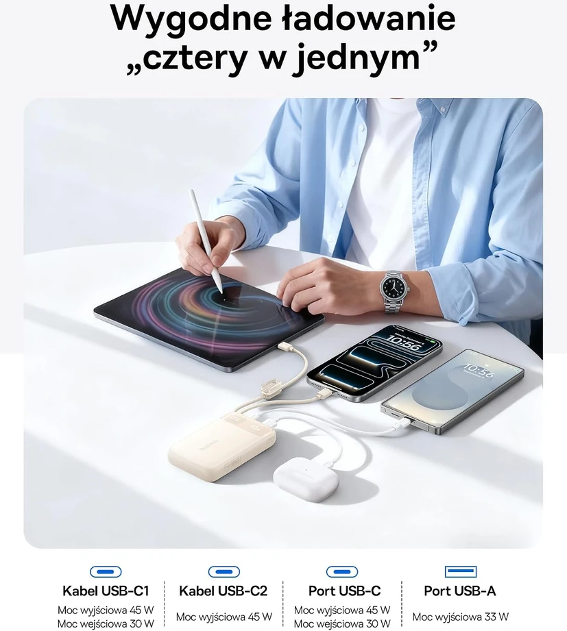 Baseus išorinė baterija 20000 mAh 45 W su dviem integruotais USB-C laidais E00311