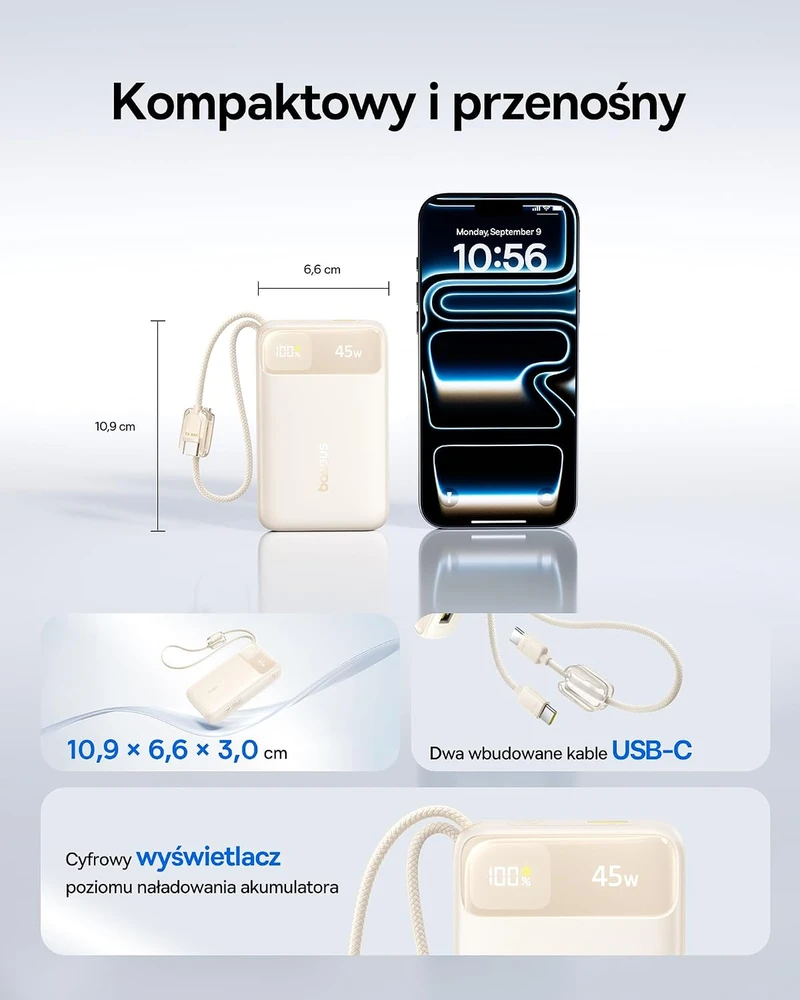 Baseus išorinė baterija 20000 mAh 45 W su dviem integruotais USB-C laidais E00311