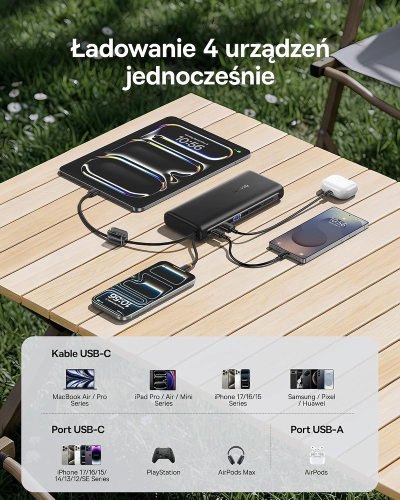 Baseus išorinė baterija 25000 mAh 145 W su 2 integruotais USB-C laidais E0028H