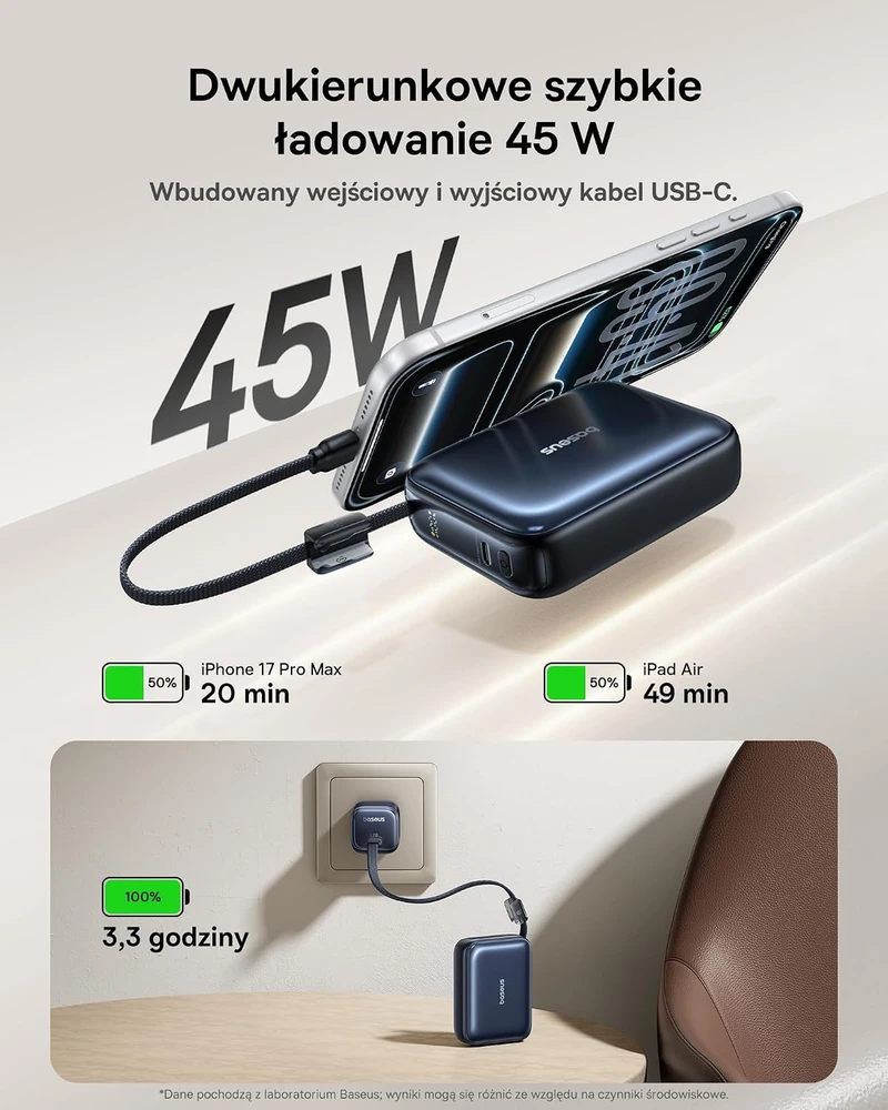 Baseus išorinė baterija AC22 Mini 20000 mAh 45 W PD su integruotu USB-C laidu E00294