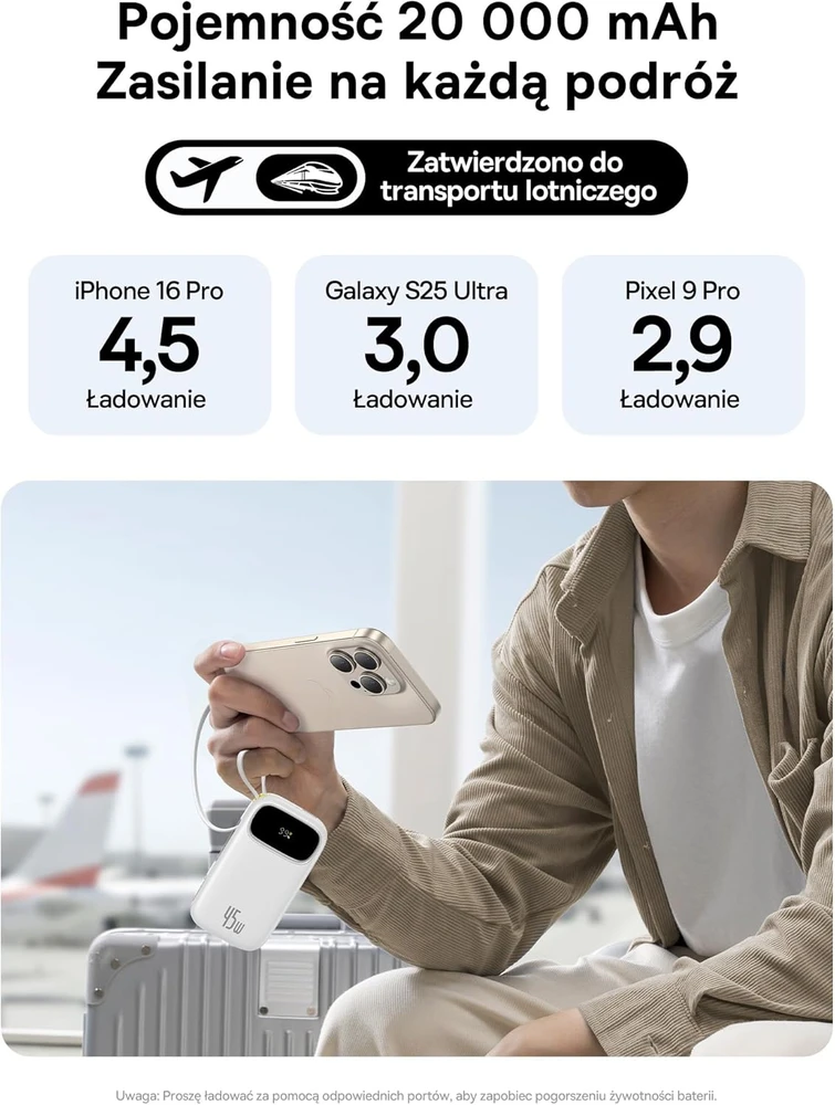 Baseus išorinė baterija QPow3 20 000 mAh 45 W su dviem integruotais USB-C laidais PPKPC-0520S