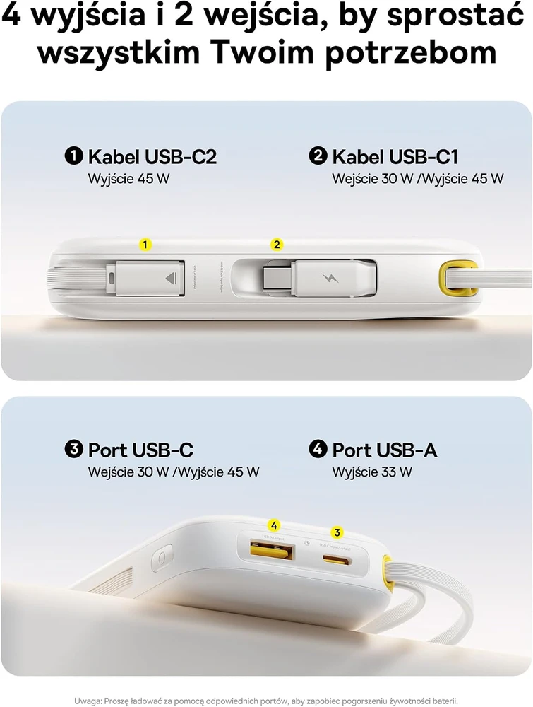 Baseus išorinė baterija QPow3 20 000 mAh 45 W su dviem integruotais USB-C laidais PPKPC-0520S