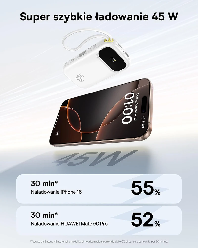 Baseus išorinė baterija QPow3 20 000 mAh 45 W su dviem integruotais USB-C laidais PPKPC-0520S