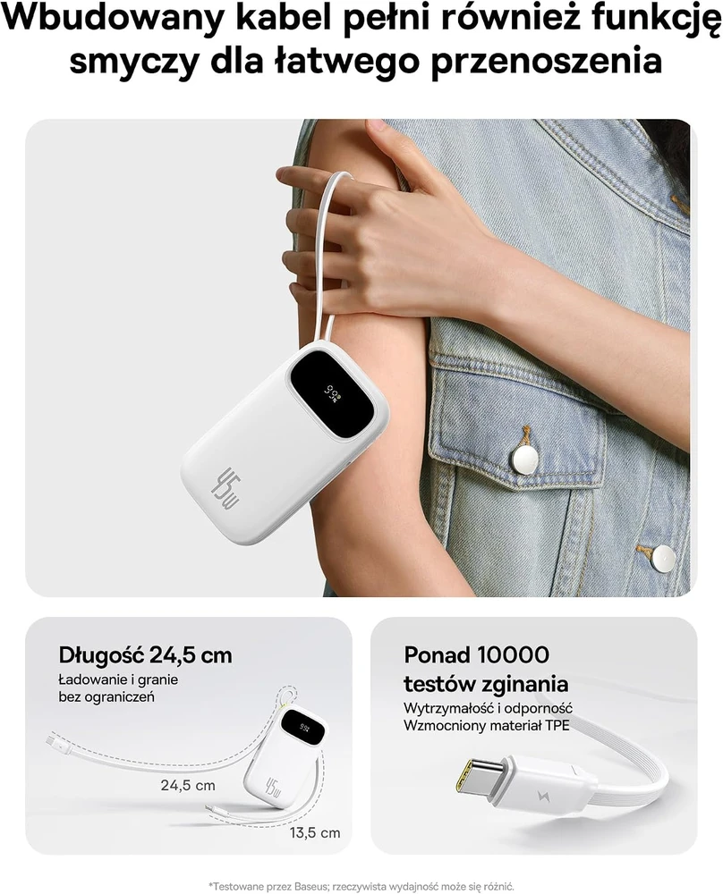 Baseus išorinė baterija QPow3 20 000 mAh 45 W su dviem integruotais USB-C laidais PPKPC-0520S