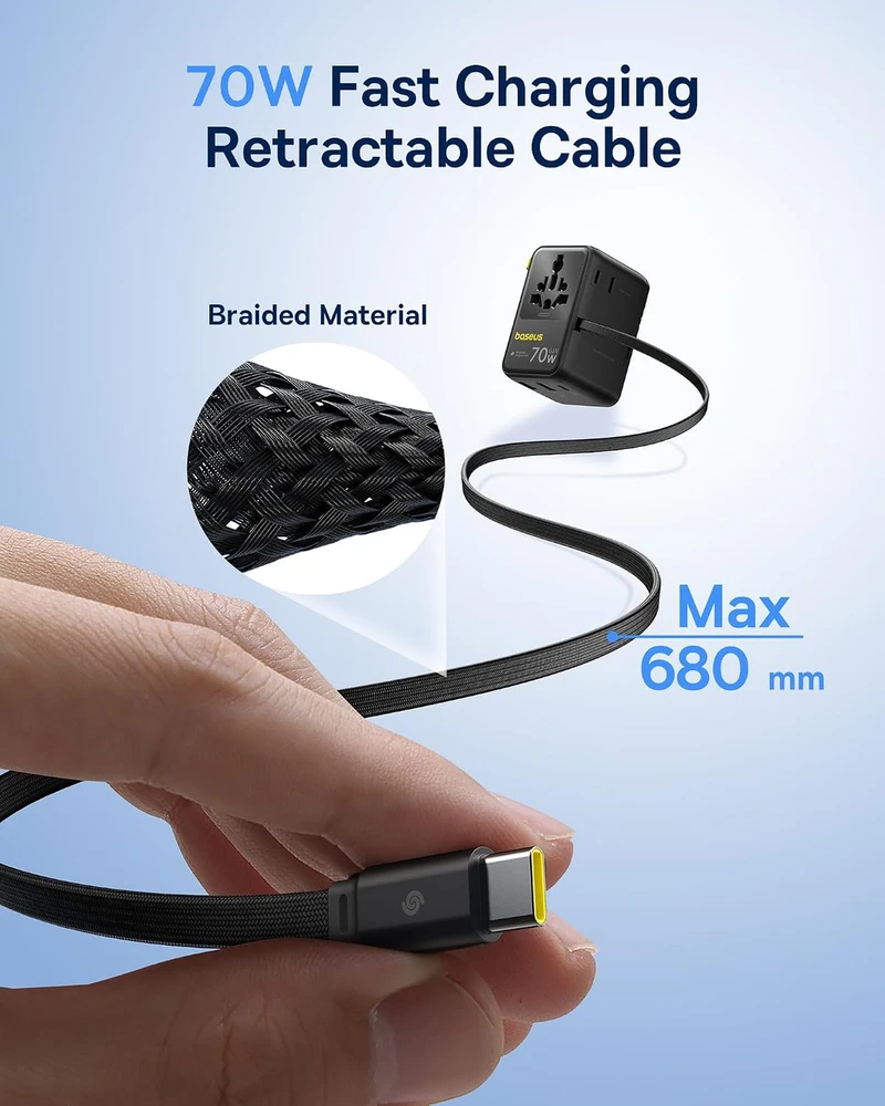 Baseus kelioninis adapteris Enercore 70 W su ištraukiamu USB-C laidu ir 2 AC lizdais