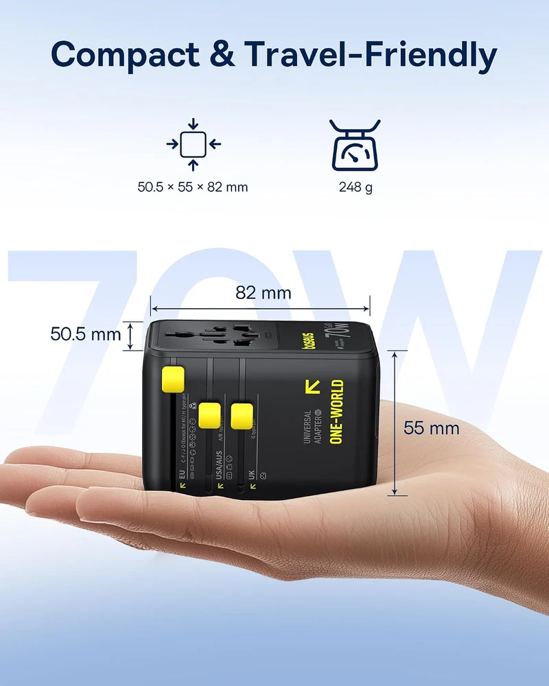 Baseus kelioninis adapteris Enercore 70 W su ištraukiamu USB-C laidu ir 2 AC lizdais
