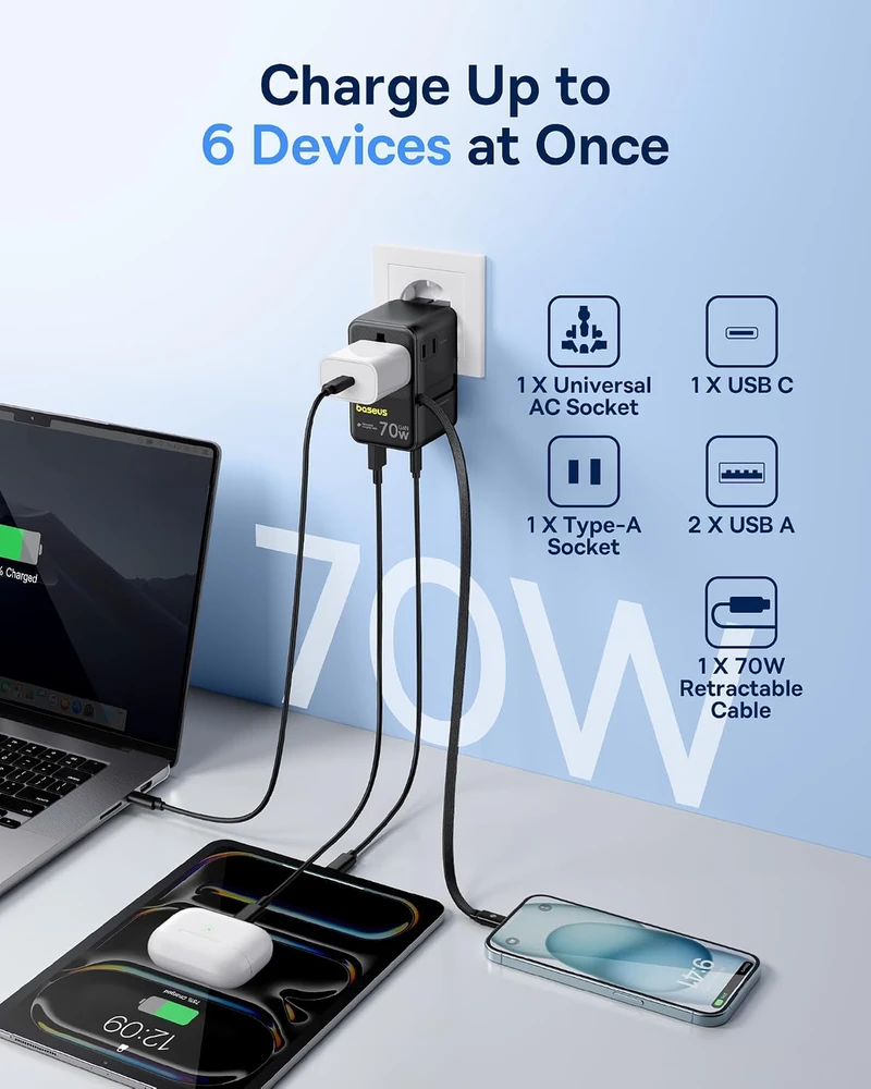 Baseus kelioninis adapteris Enercore 70 W su ištraukiamu USB-C laidu ir 2 AC lizdais