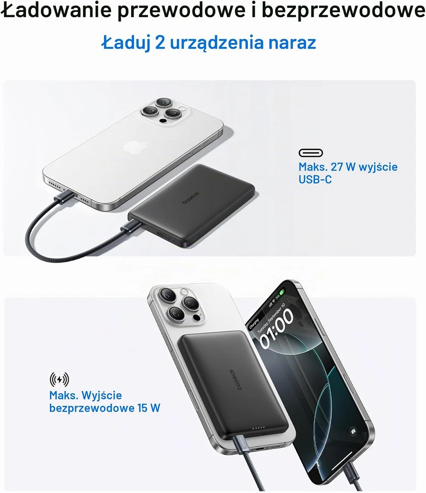 Baseus magnetinė išorinė baterija 10000 mAh, Qi2 15 W, USB-C 27 W PPKPC-1027G