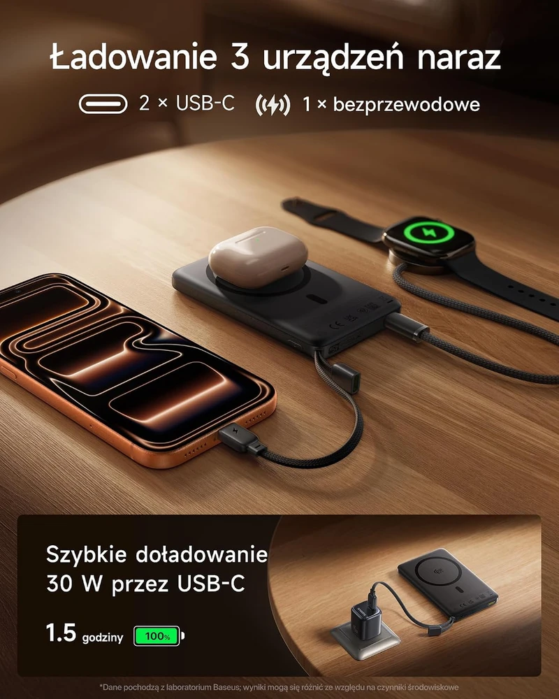 Baseus magnetinis išorinis akumuliatorius 10000 mAh, Qi2.2 25 W, PD 45 W, E00290