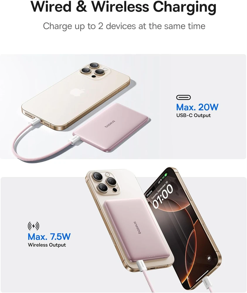 Baseus magnetinis išorinis akumuliatorius 5000 mAh, 20 W, Magsafe, itin plonas, rožinis, PPKPC-0520