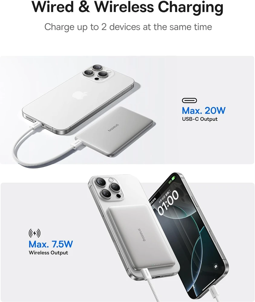 Baseus magnetinis išorinis akumuliatorius 5000 mAh, 20 W, MagSafe, USB-C, itin plonas, PPKPC-0520