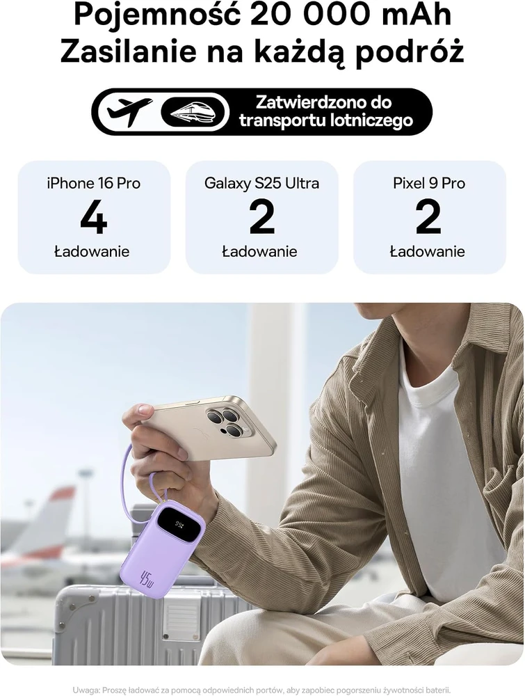 Baseus powerbankas 20 000 mAh 45 W su įmontuotais USB-C laidais QPow3 PPQD3-2040