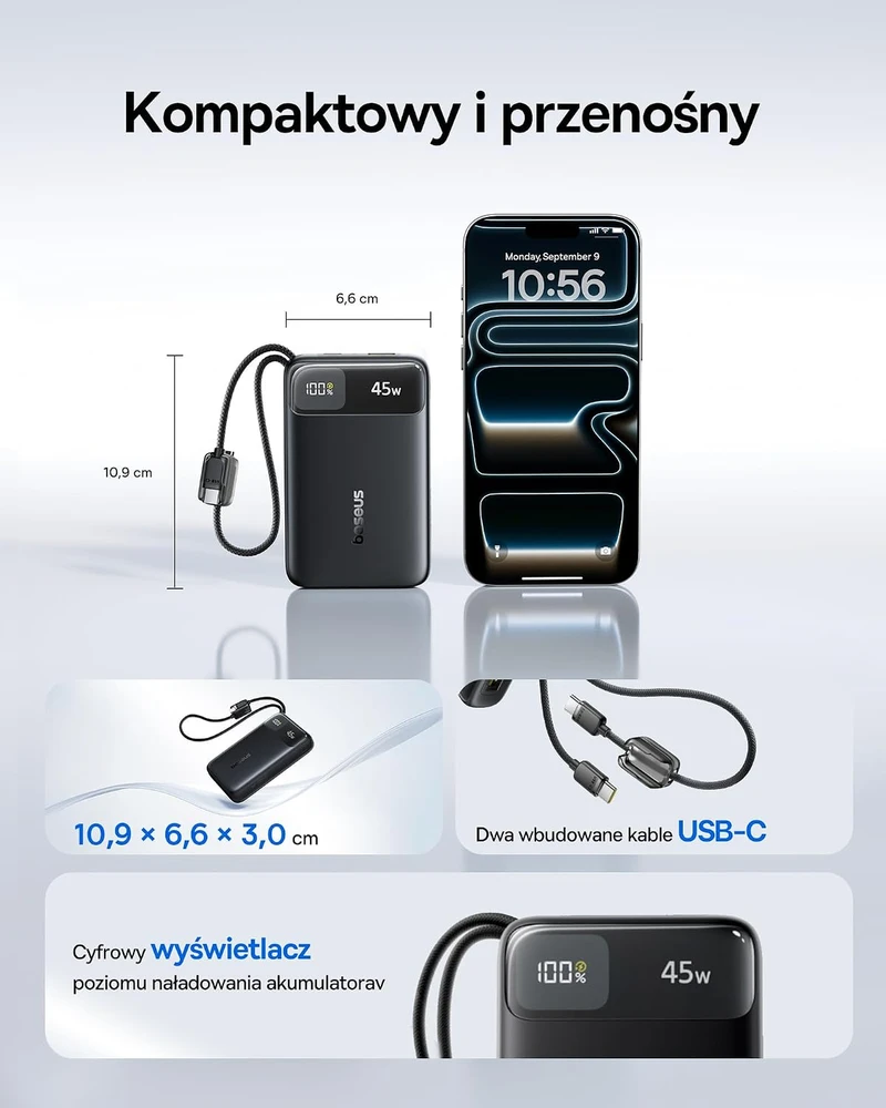 Baseus powerbankas 20000 mAh 45 W su 2 integruotais USB-C laidais E00311