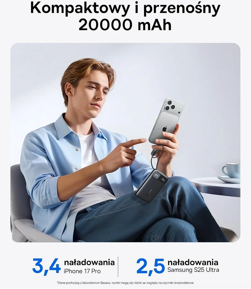 Baseus powerbankas 20000 mAh 45 W su 2 integruotais USB-C laidais E00311