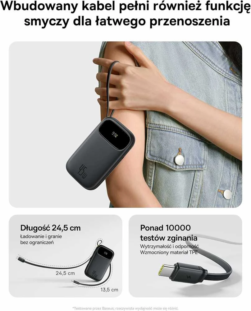 Baseus QPow3 išorinis powerbankas 20000 mAh, 45 W, su įmontuotais USB-C kabeliais