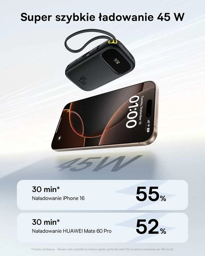 Baseus QPow3 išorinis powerbankas 20000 mAh, 45 W, su įmontuotais USB-C kabeliais