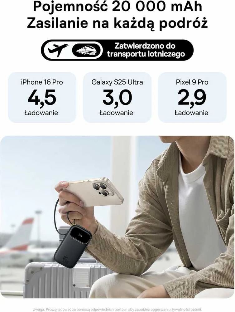 Baseus QPow3 išorinis powerbankas 20000 mAh, 45 W, su įmontuotais USB-C kabeliais