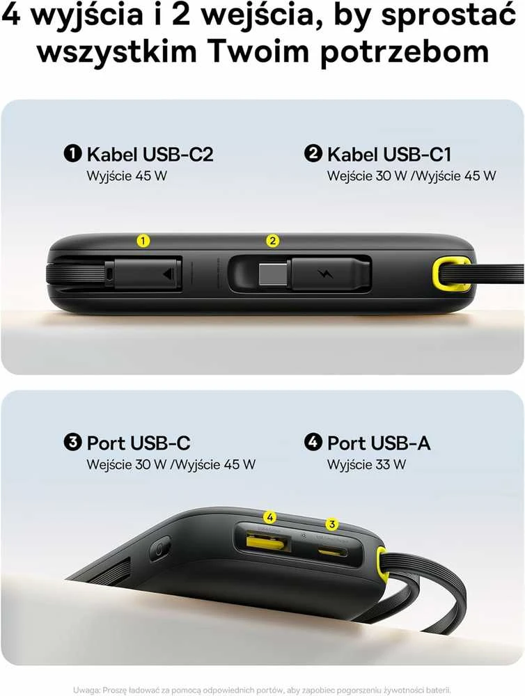 Baseus QPow3 išorinis powerbankas 20000 mAh, 45 W, su įmontuotais USB-C kabeliais