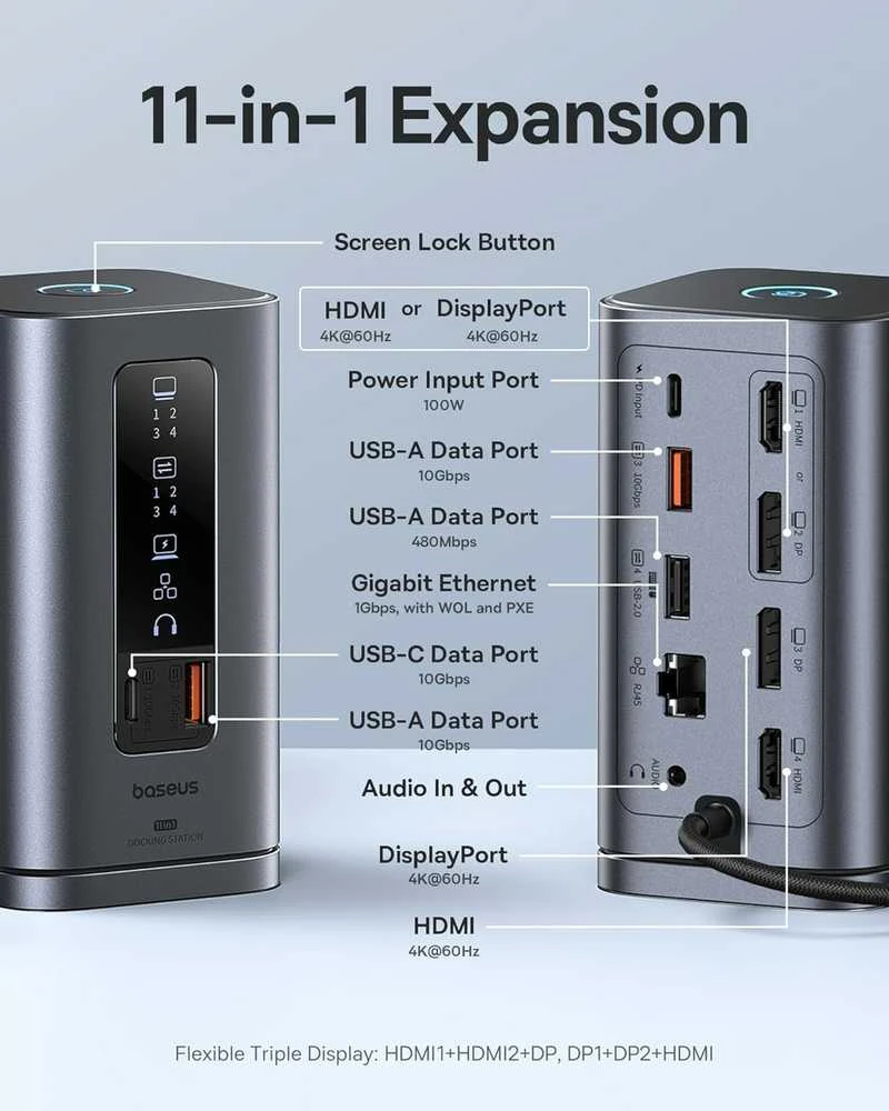 Baseus Spacemate WIN 11‑in‑1 USB‑C dokinė stotelė, 2x HDMI, DP, 100 W PD, 10 Gb/s, pilka