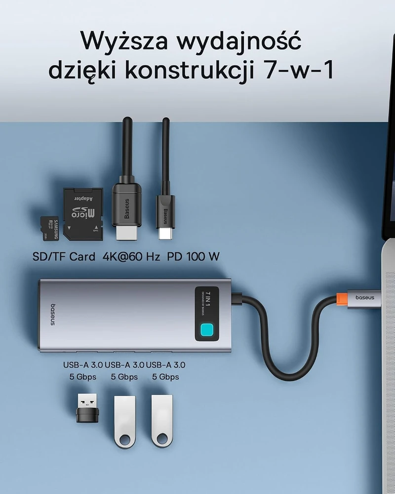Baseus USB-C 7 viename šakotuvas su 4K 60 Hz HDMI, 100 W PD ir 3 USB-A, YK-60