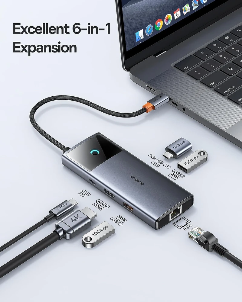 Baseus USB-C šakotuvas 6 prievadų, 10 Gb/s, HDMI, PD 100 W, 6 in 1