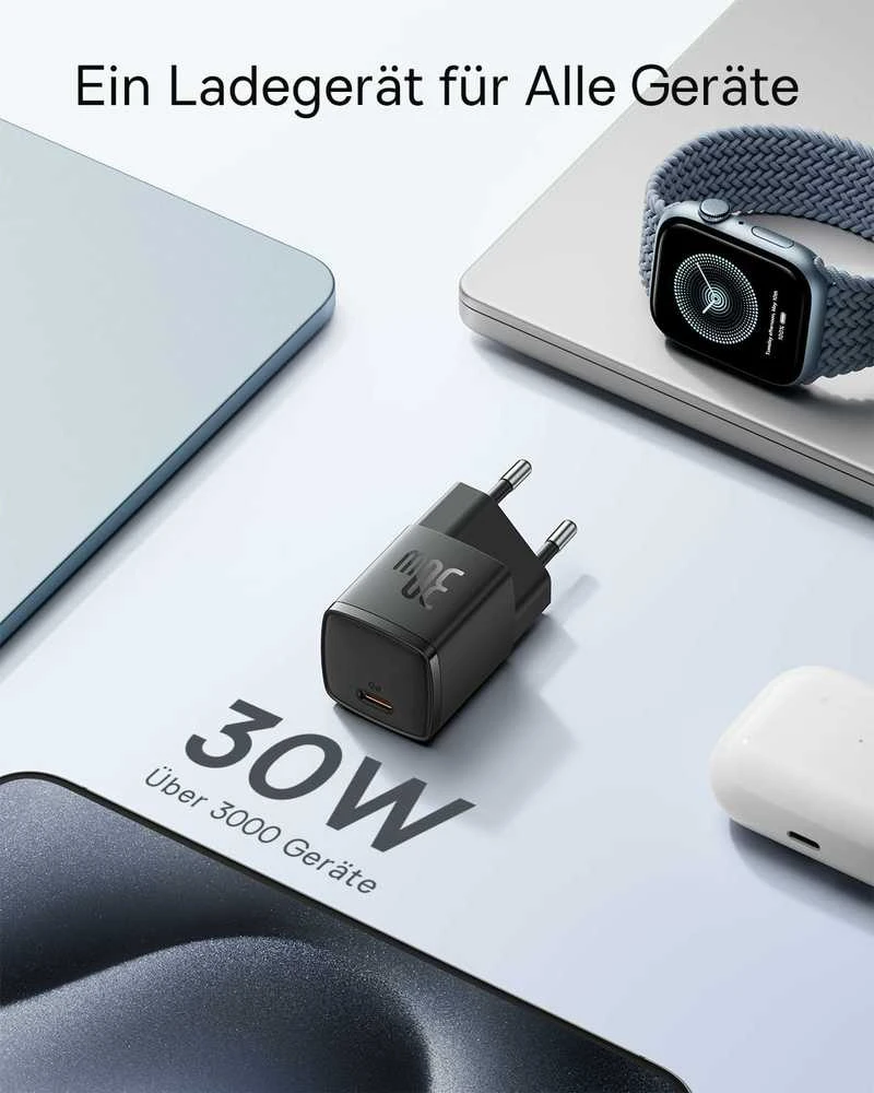 Baseus USB-C sieninis įkroviklis 30 W GaN3, greito krovimo adapteris, juodas