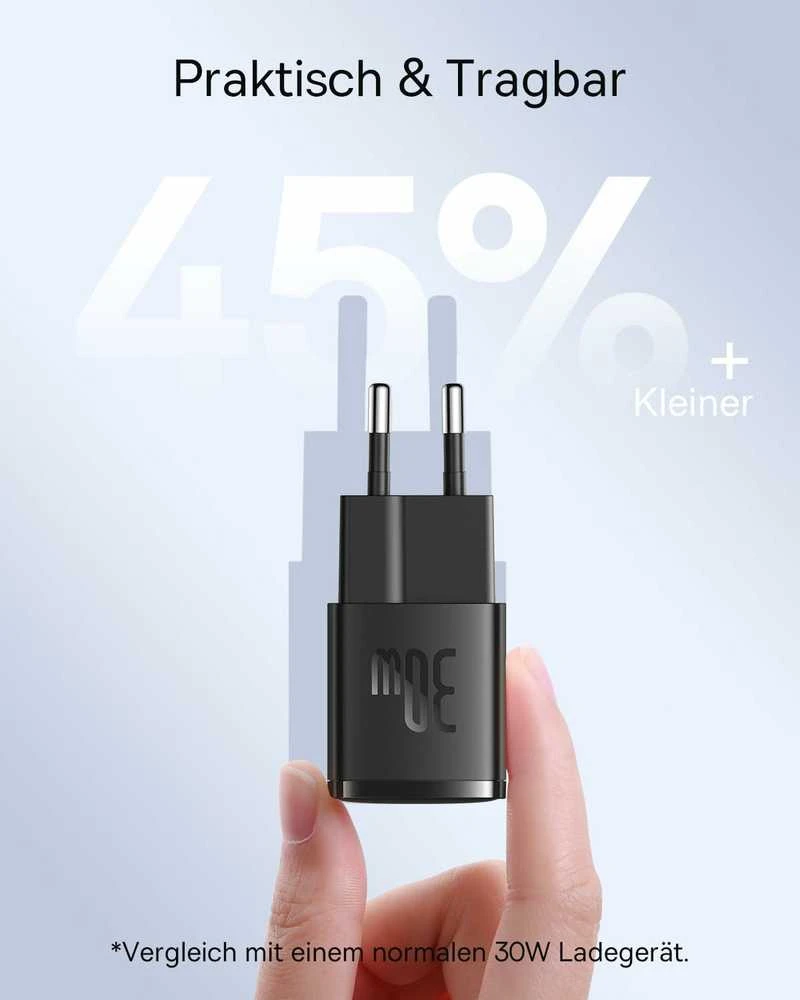 Baseus USB-C sieninis įkroviklis 30 W GaN3, greito krovimo adapteris, juodas